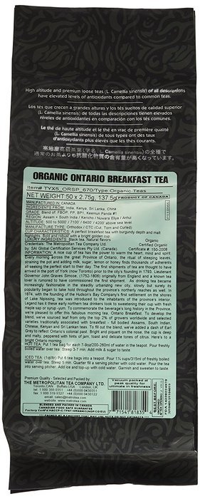 Metropolitan Tea 50 Count Pyramid Shaped Teabags, Organic Ontario Breakfast Tea