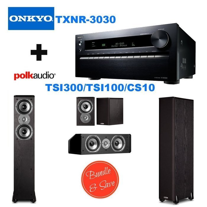 Onkyo TX-NR3030 11.2-Ch Dolby Atmos Ready Network A/V Receiver w/ HDMI 2.0 + 2 Polk Audio TSi300 Floorstanding...