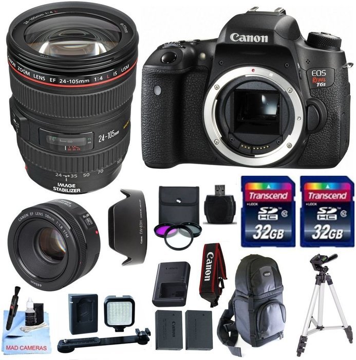 Canon EOS T6s + Canon EF 24-105mm f/4L IS USM Lens + Canon 50mm STM + 32GB Transcend SD Memory Cards + LED Video... N2
