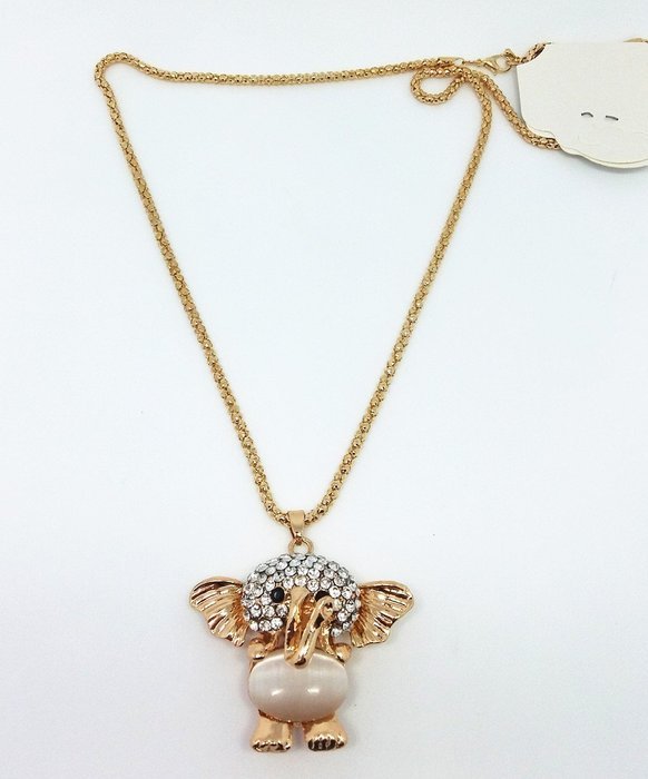 QTMY Cute Gold Opal Elephant Rhinestone Statement Choker Long Necklace Jewelry with Pendant for Women teen girls N2