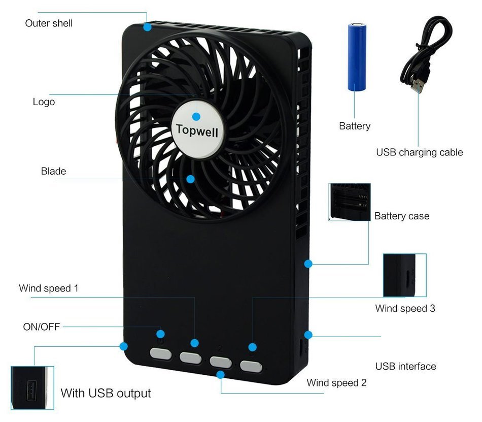 Topwell ultra thin rechargeable hand held mini fan with li ion 18650