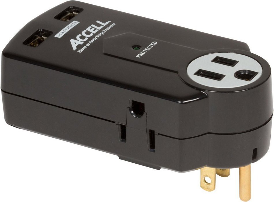Accell D080B-010K 3-Outlet Travel Surge Protector with Dual USB Charging Ports - 612 Joules, 2.1A USB Output,... N3