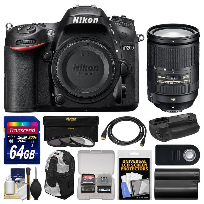 Nikon D7200 Wi-Fi Digital SLR Camera Body with 18-300mm f/3.5-5.6G VR Lens + 64GB Card + Backpack + Battery +... N2