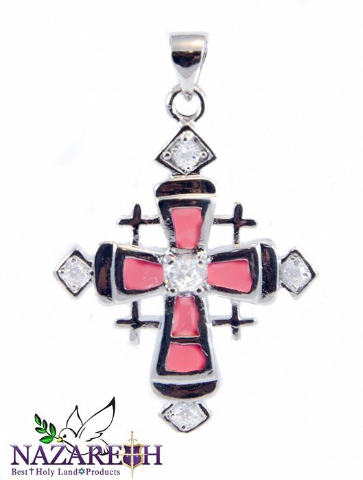 Cross Crucifix Silver Plated Pendant with Zircon Crystals Pink Enamel Jerusalem