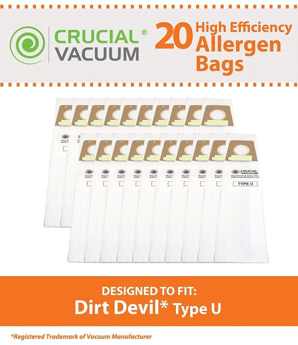 20 Dirt Devil Type U Allergen Filtration 3-Pack Vacuum Bags, Compare to Dirt Devil Part# 3920750001, 3920047001...