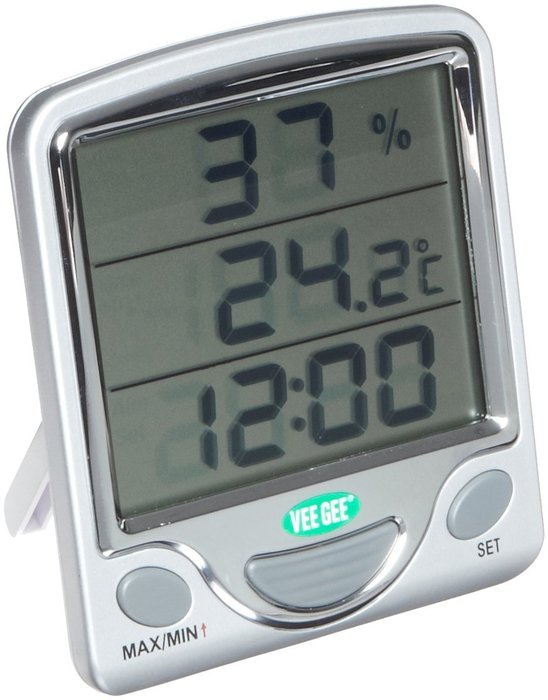 VeeGee Maximum and Minimum Digital Dual-Scale Thermometer, with Hygrometer and Clock, 0 to 50 Degree C and 32...