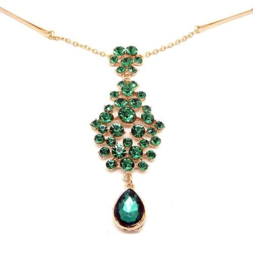 Teardrop Emeral Crystal Hair Clip Chain Tikka Indian Head Piece Dancer Jewelry N3