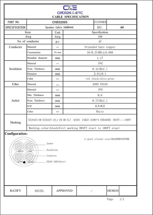 C&E 500 feet 14AWG 4 Conductor Solid Copper, Oxygen-Free Speaker Wire Cable. N4