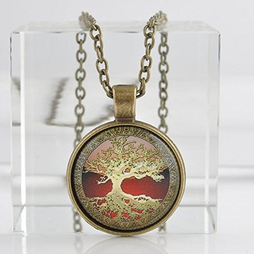 Vintage 3D Tree of life Cabochon Glass Bronze Chain Pendant Necklace N2