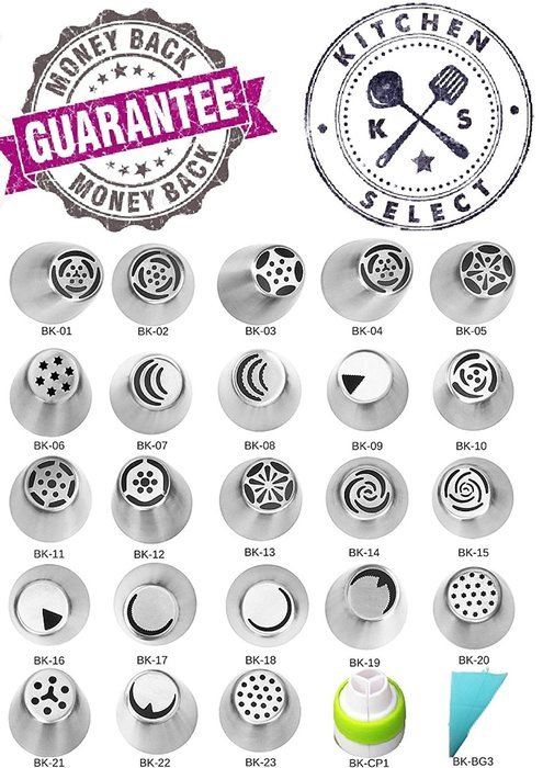 25 PIECE Russian Icing Piping Tips | COMPLETE Set | BONUS Coupler & Reusable Silicone Pastry Bag | Cake/Cupcake...