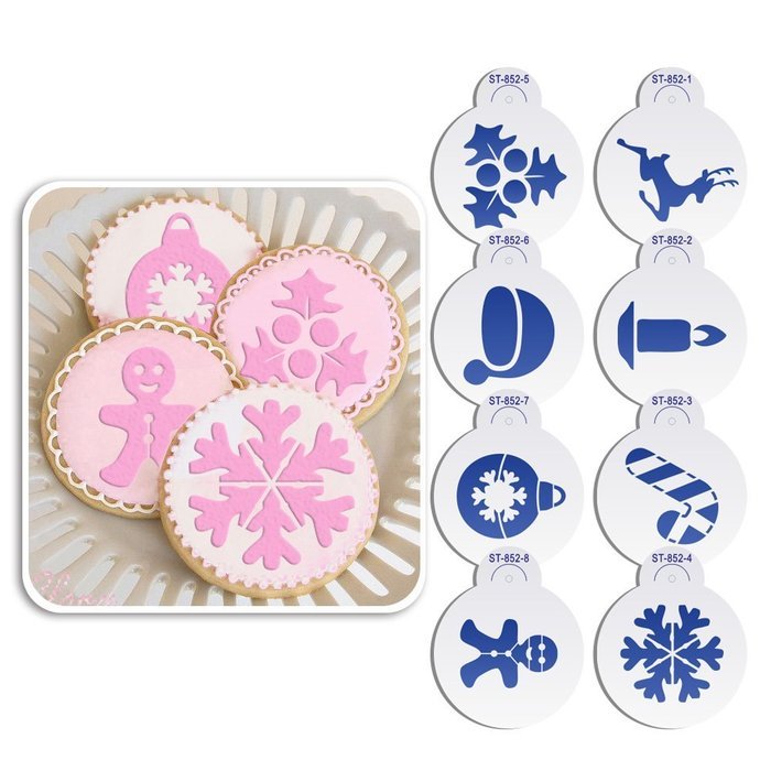 ART Kitchenware 8pcs Christmas Cookie Stencil Set Icing Royal Stencil Tool Deer,Candle,Snowflake,Hat,Crutch Stencils...