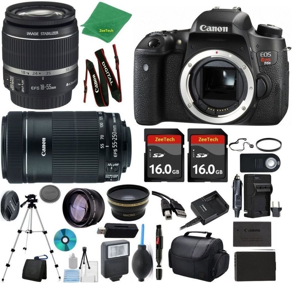 Canon Rebel T6s Camera + 18-55mm IS STM + 55-250mm STM + 2pcs 16GB Memory + Case + Memory Reader + Tripod + ZeeTech...