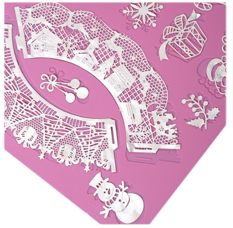 Lesirit Christmas Pattern Silicone Fondant Lace Embossed Cake Mold Mat,15.55" &times;11.81" (A)