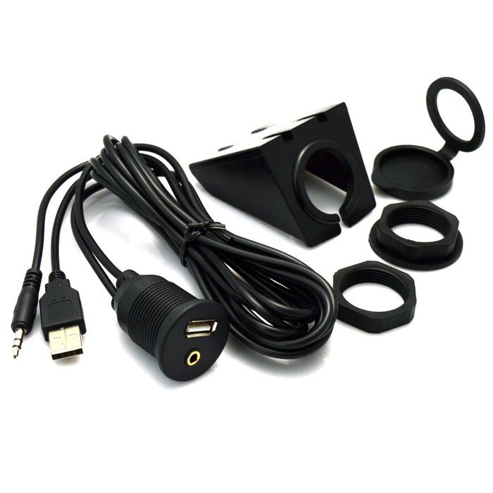VIMVIP&reg; USB & 3.5mm AUX Extension Flush Mount 2 Meter Audio Cable , 1/8 AUX Car Bike Boat Motercycle Lead N4