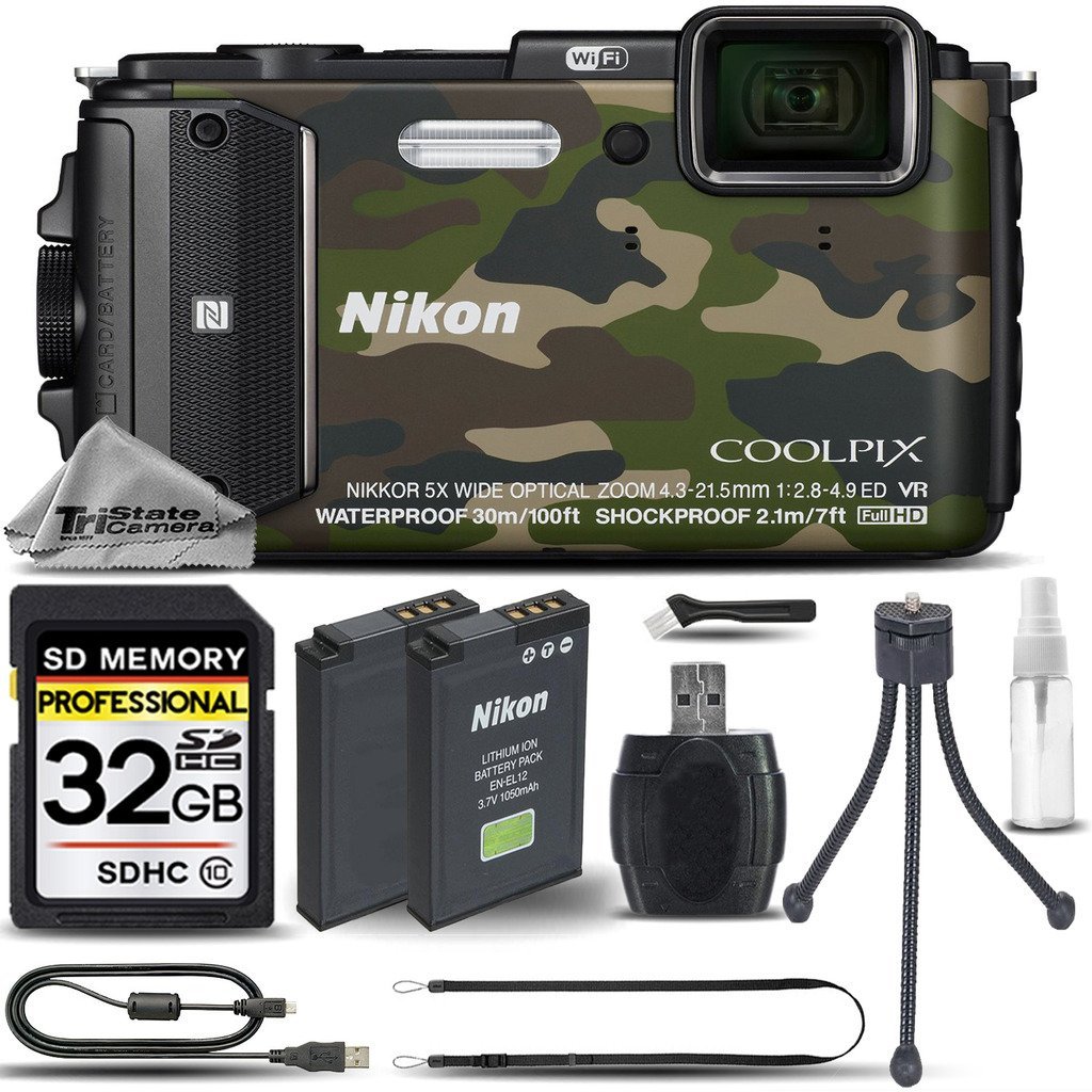 Nikon COOLPIX AW130 16MP Waterproof Digital Camera (Camouflage) + 32GB Class 10 Memory Card