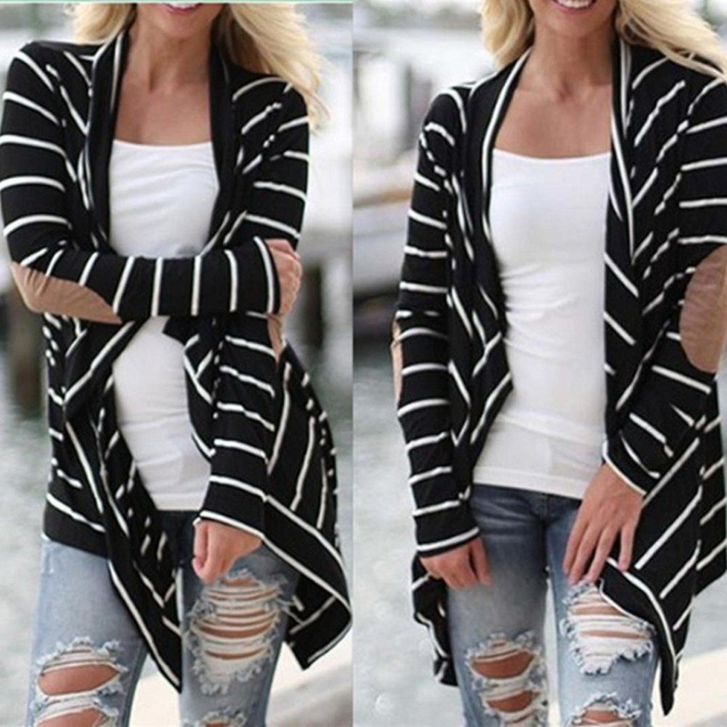 Cardigan Jacketmorecome Women Casual Long Sleeve Striped Cardigans Patchwork Outwear Free Image