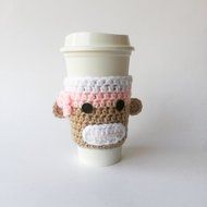 Crochet Coffee Sleeve - Beige White Pink with Pink Flower