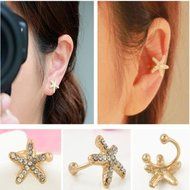 1PC Women Crystal Glitter Rhinestone Cute Starfish Ear Clip Cuff Wrap Earrings N3