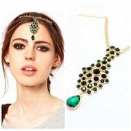 Teardrop Emeral Crystal Hair Clip Chain Tikka Indian Head Piece Dancer Jewelry N4