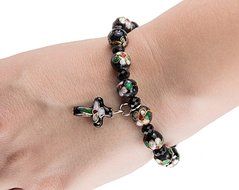 Black Flowers Beads Bracelet Small Crystals &amp; Crucifix Stretchable Jerusalem Holy Land