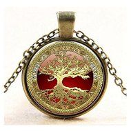 Vintage 3D Tree of life Cabochon Glass Bronze Chain Pendant Necklace N3