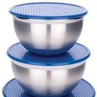 MIU France Stainless Steel Mixing Bowls with Blue Plastic Lids, Set of 3