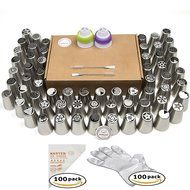 Full Model Russian Piping Tips Set 63 Nozzles + 100 Pastry Bags + 2 Tri-Color Coupler + 2 Tip Brush + 100 Disposable...