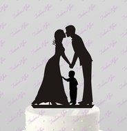 Wedding Cake Topper Silhouette Groom and Bride with Little Boy - Family Acrylic Cake Topper N2