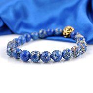 MEN'S BLUE SEA SEDIMENT JASPER STONE GOLD LION 8 MM BEADS BRACELET 8 " N3