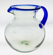Mexican Glass Margarita or Juice Pitcher, Blue Rim, Bola or Bowl Shape 4+ Quarts