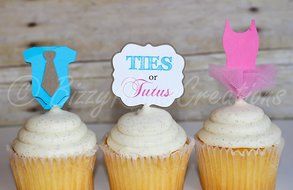 Set of 12 - Gender reveal Ties or Tutus baby shower Cupcake Toppers