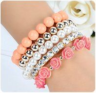 Mix Flower Beads Stretch Bracelet Temperament Alloy Resin Rhinestone Bangle DZ88 N4