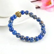 MEN'S BLUE SEA SEDIMENT JASPER STONE GOLD LION 8 MM BEADS BRACELET 8 " N5