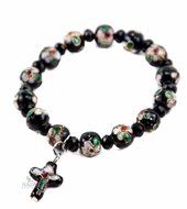 Black Flowers Beads Bracelet Small Crystals &amp; Crucifix Stretchable Jerusalem Holy Land N2