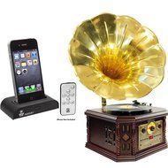 Pyle Turntable and Dock Package - PVNP4CD Vintage Phonograph Horn Turntable With CD, Cassette, AM/FM, Aux-In,... N2