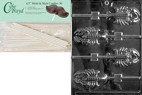 Cybrtrayd 45St50-N010 Lobster Lolly Nautical Chocolate Candy Mold with 50-Pack 4.5-Inch Lollipop Sticks