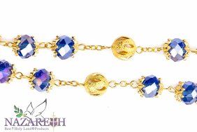 Gold Plated Blue Crystal Beads Rosary Miraculous Medal with St Benedict Cross N2