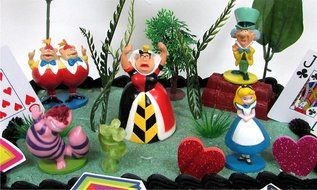 Alice in Wonderland Birthday Cake Topper Set Featuring 5 Alice in Wonderland Figures and Decorative Themed Accessories N3