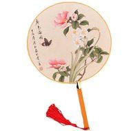 2PCS Cotton Fabric Fan Print Decor Bamboo Handle Round Hand Fan, Spring