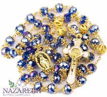 Gold Plated Blue Crystal Beads Rosary Miraculous Medal with St Benedict Cross N3