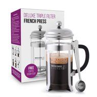 French Press Coffee Maker Chrome Plated with Triple Stainless Steel Filters and 34 Oz Glass Carafe N3