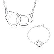 925 Silver Plated Fashion Vintage Women Handcuffs Necklace Bracelet Jewelry Set N2