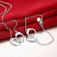 925 Silver Plated Fashion Vintage Women Handcuffs Necklace Bracelet Jewelry Set N3