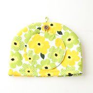 Northern European Style Yellow Green Flowered Cotton Cloth Tea Cozy with Teapot Coaster Handmade by Japanese Craftsman...