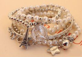 Fashion Womens Jewelry Gold Metal Pearl Charm Bangle Multilayer Pendant Bracelet (gold)