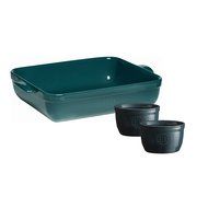 Emile Henry Lasagna/Roasting Dish 13.75" x 10" W/ 2 Bonus Ramekins, Blue Flame