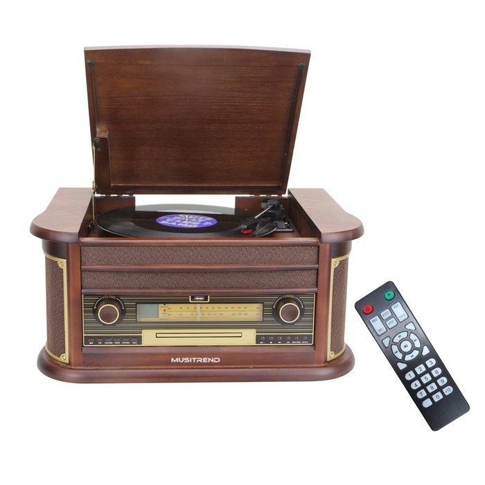 Musitrend Retro Vinyl Record Player 7-in-1 Nostalgic Turntable with USB encoding, Cassette, CD, AM/FM radio, Remote...
