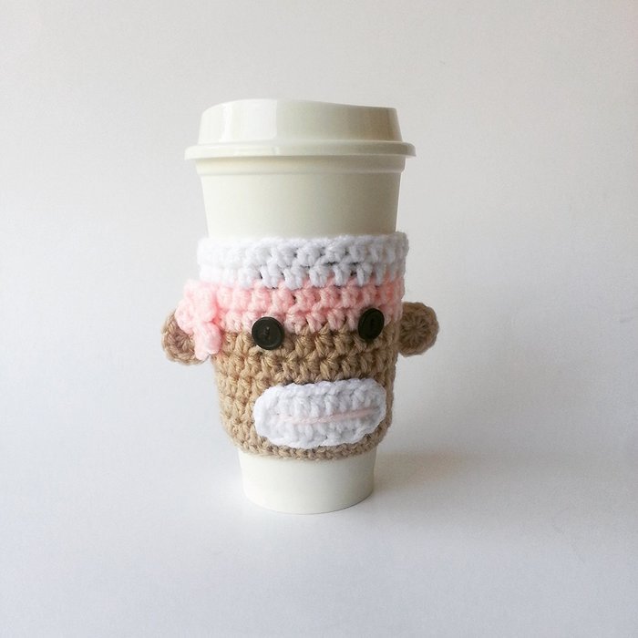 Crochet Coffee Sleeve - Beige White Pink with Pink Flower