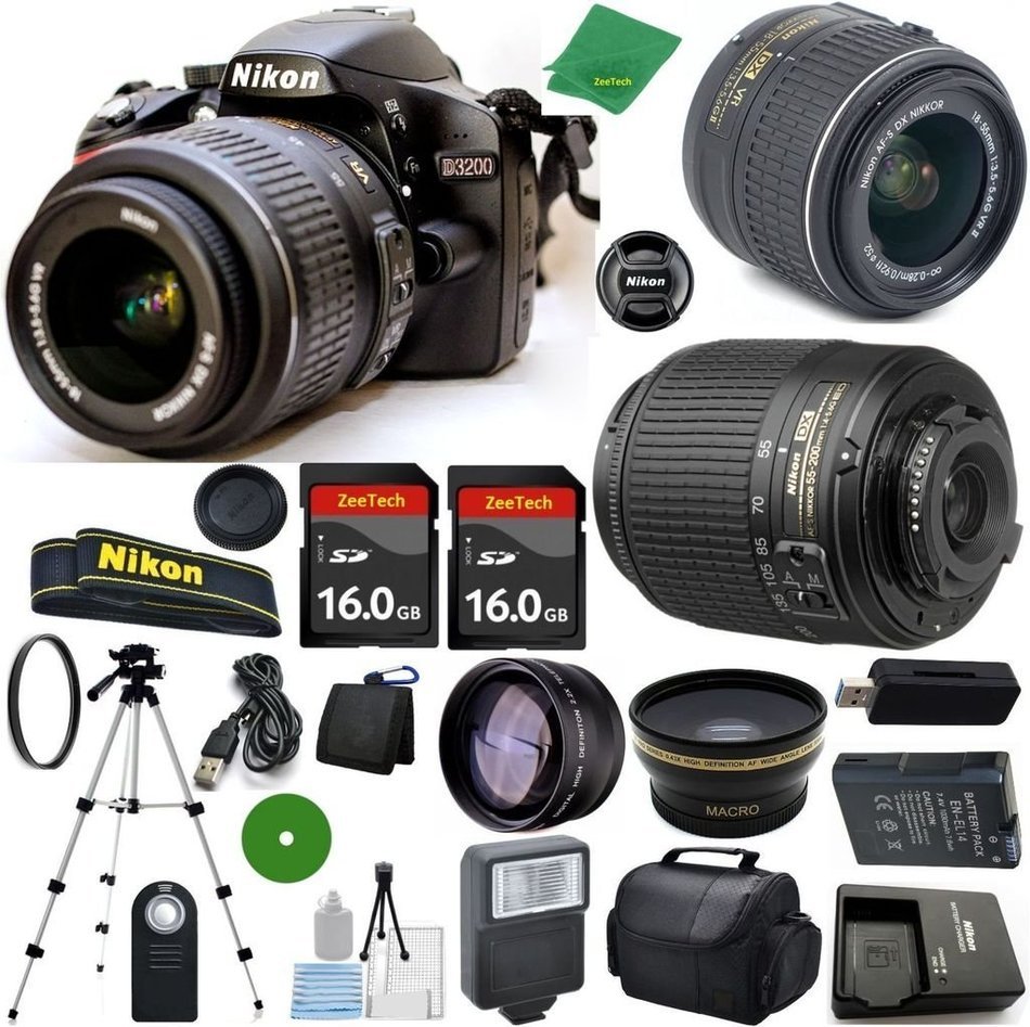 Nikon D3200 - International Version (No Warranty), 18-55mm f/3.5-5.6 DX VR, Nikon 55-200mm f4-5.6G ED DX Nikkor...