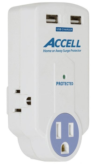 Accell D080B-010K 3-Outlet Travel Surge Protector with Dual USB Charging Ports - 612 Joules, 2.1A USB Output,... N4